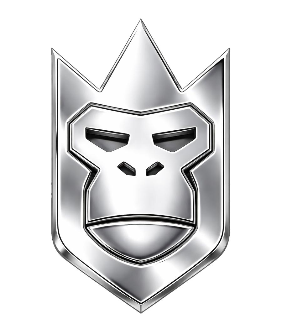 Polished white-gold rendering of the QueenQong crowned-gorilla crest
