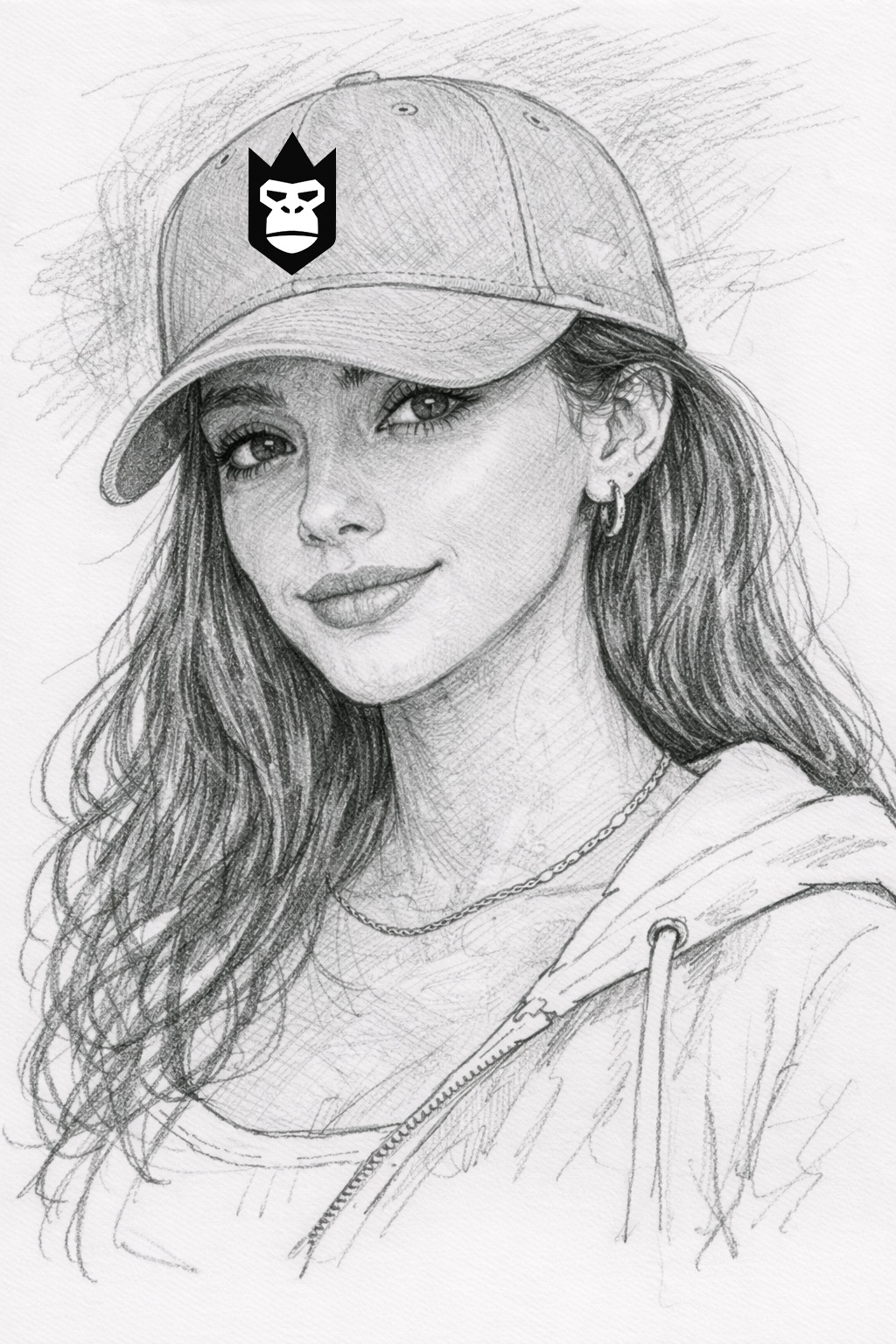 Pencil-sketch portrait — woman in a baseball cap carrying the QueenQong crest