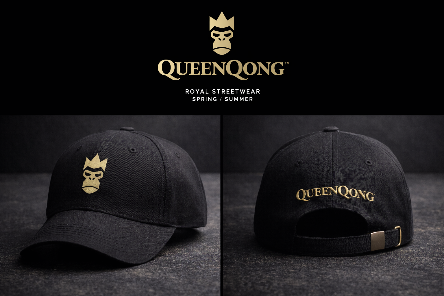 QueenQong cap — gold crest and wordmark on black