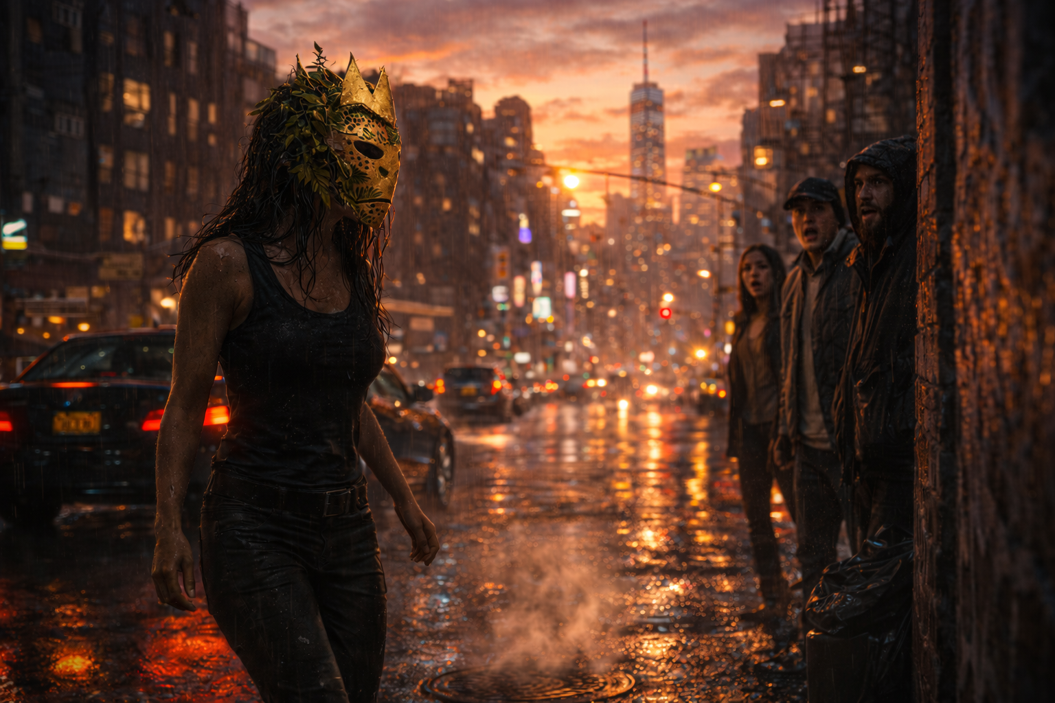 A masked queen at dawn in a rain-soaked street while witnesses stare from the wall