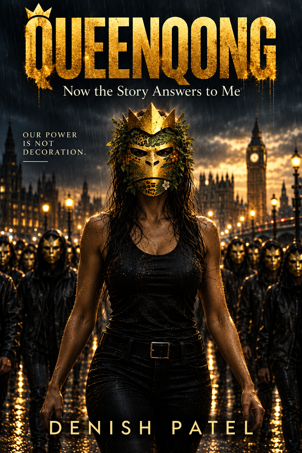 QueenQong — Now the Story Answers to Me, by Denish Patel: a crowned, leaf-wreathed golden mask worn on a rain-soaked London street