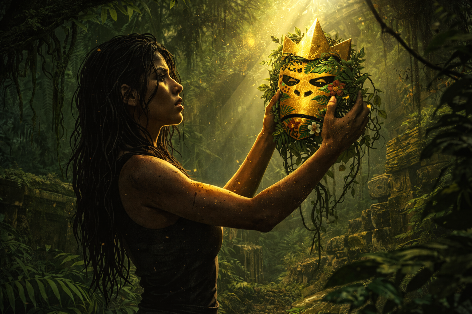 A woman in jungle light raising a gilded, crown-topped mask threaded with vines