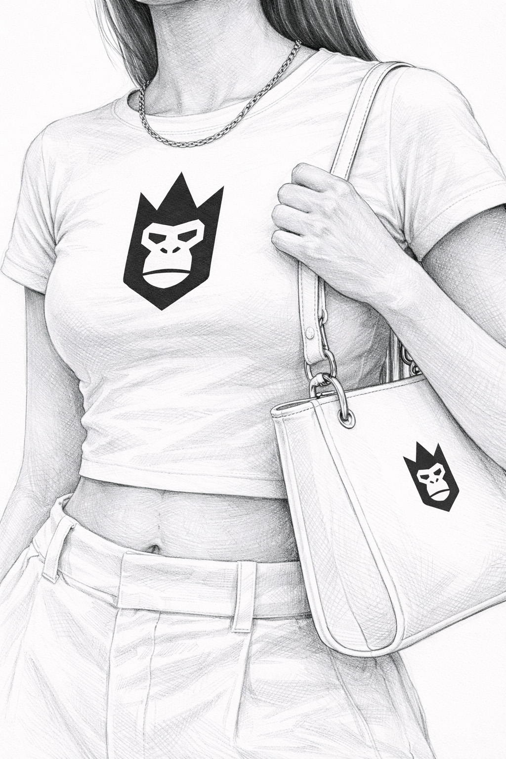 Pencil-sketch — tee and tote carrying the crowned-mask crest