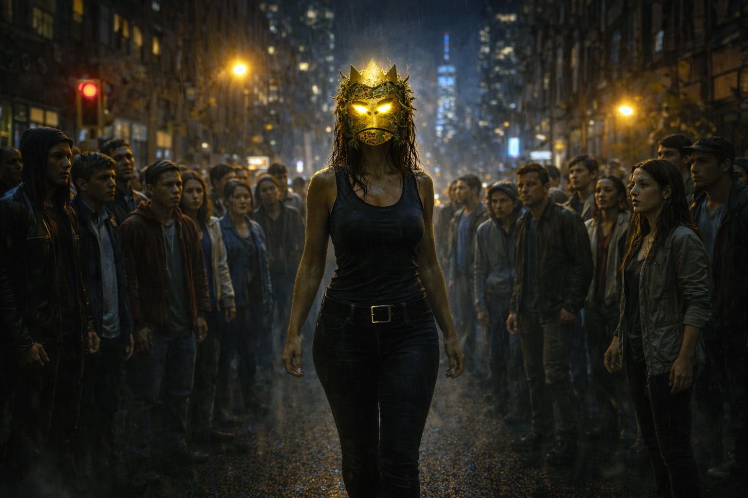 A masked queen walking a rain-soaked city street between two lines of onlookers