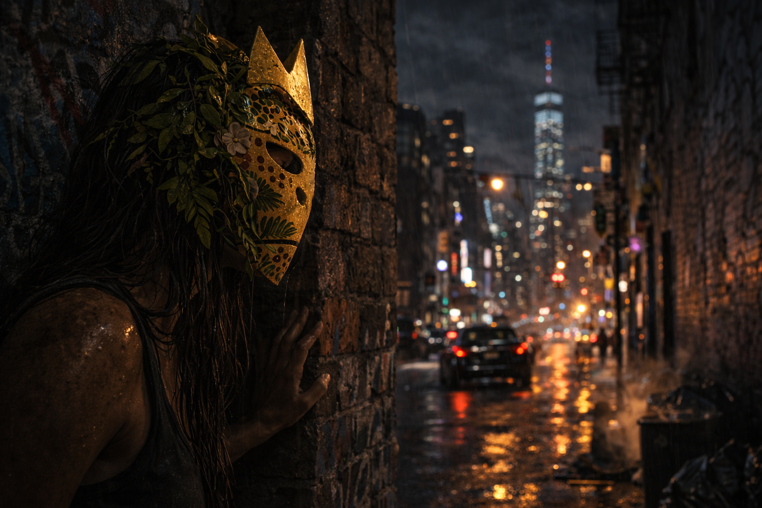 A crowned gold mask half-revealed against wet brick in a dark New York alley