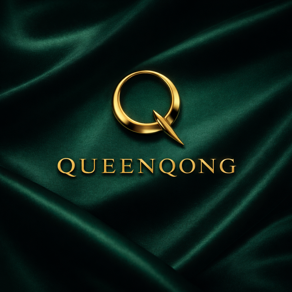 QueenQong master logo — gold wordmark and crowned-mask crest on emerald satin