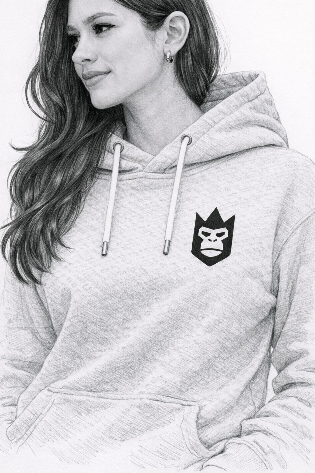 Pencil-sketch — marl-grey hoodie with QueenQong crest