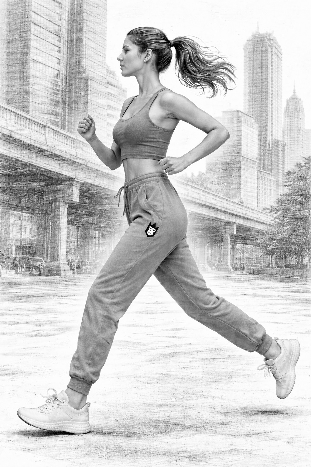 Pencil-sketch — running in joggers and bra-top carrying the QueenQong crest