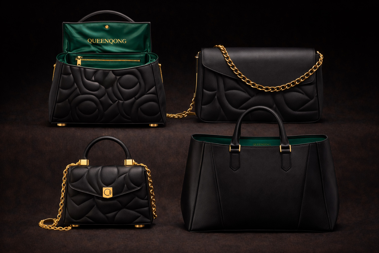 Four QueenQong leather bags — quilted Q-motif, gold hardware, emerald satin lining