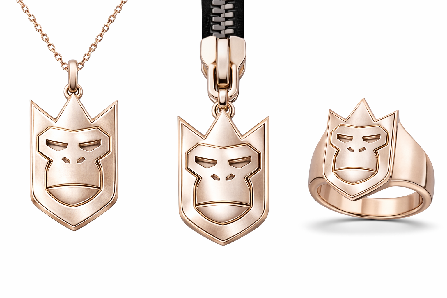 QueenQong rose-gold object study — pendant, zip-pull and signet ring