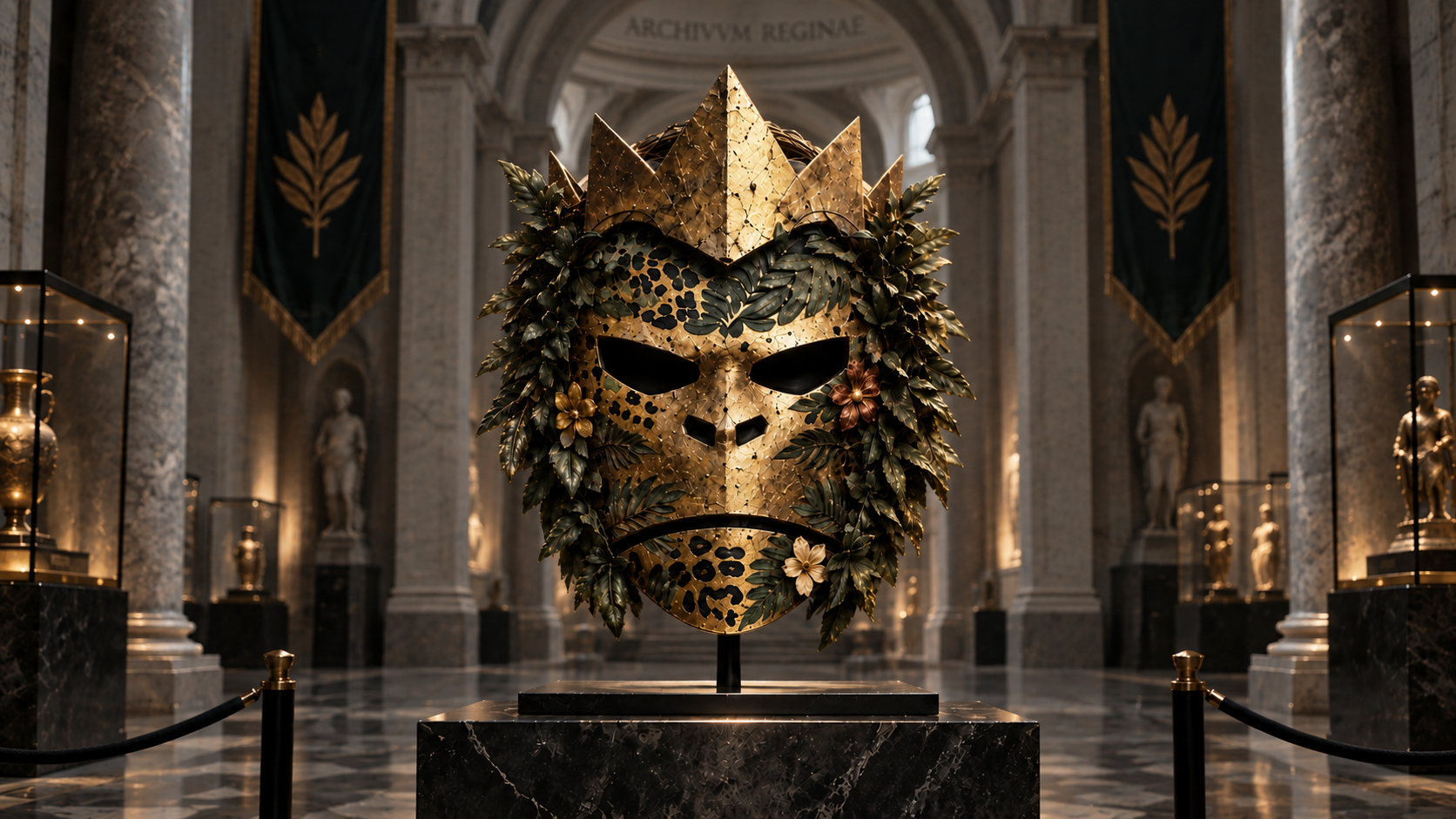 The QueenQong Archive: a gold and emerald ceremonial mask crowned in leaves, displayed in a grand museum hall