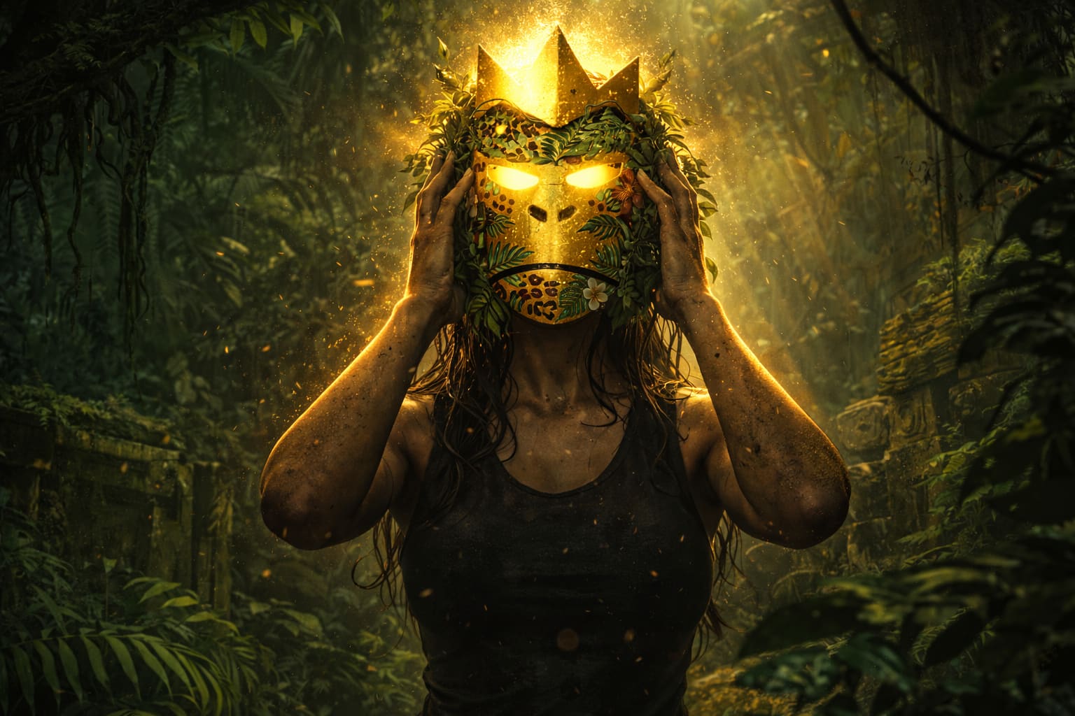 QueenQong — a figure cradling a gilded, leaf-wreathed crowned mask in raking jungle light