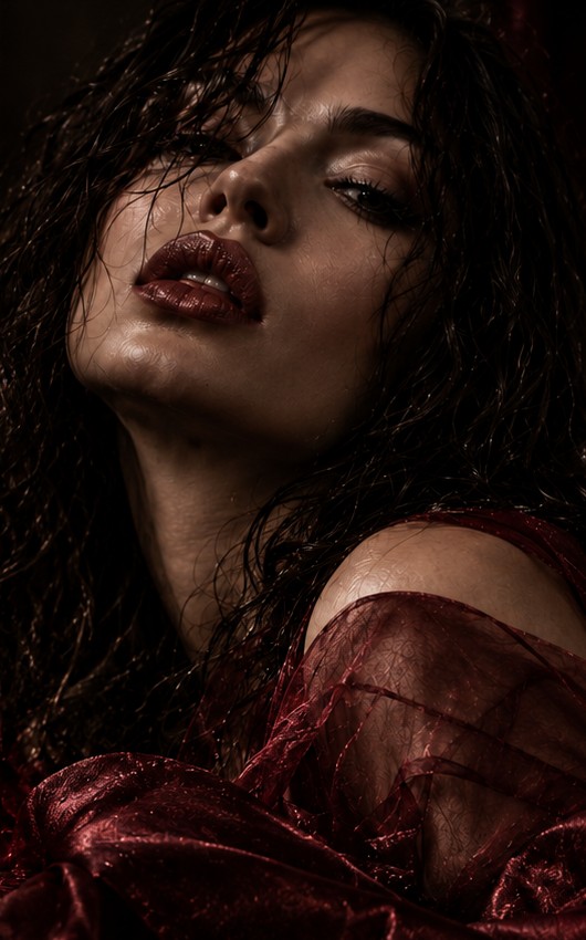 A woman with wet dark hair and oxblood lips, draped in deep red silk