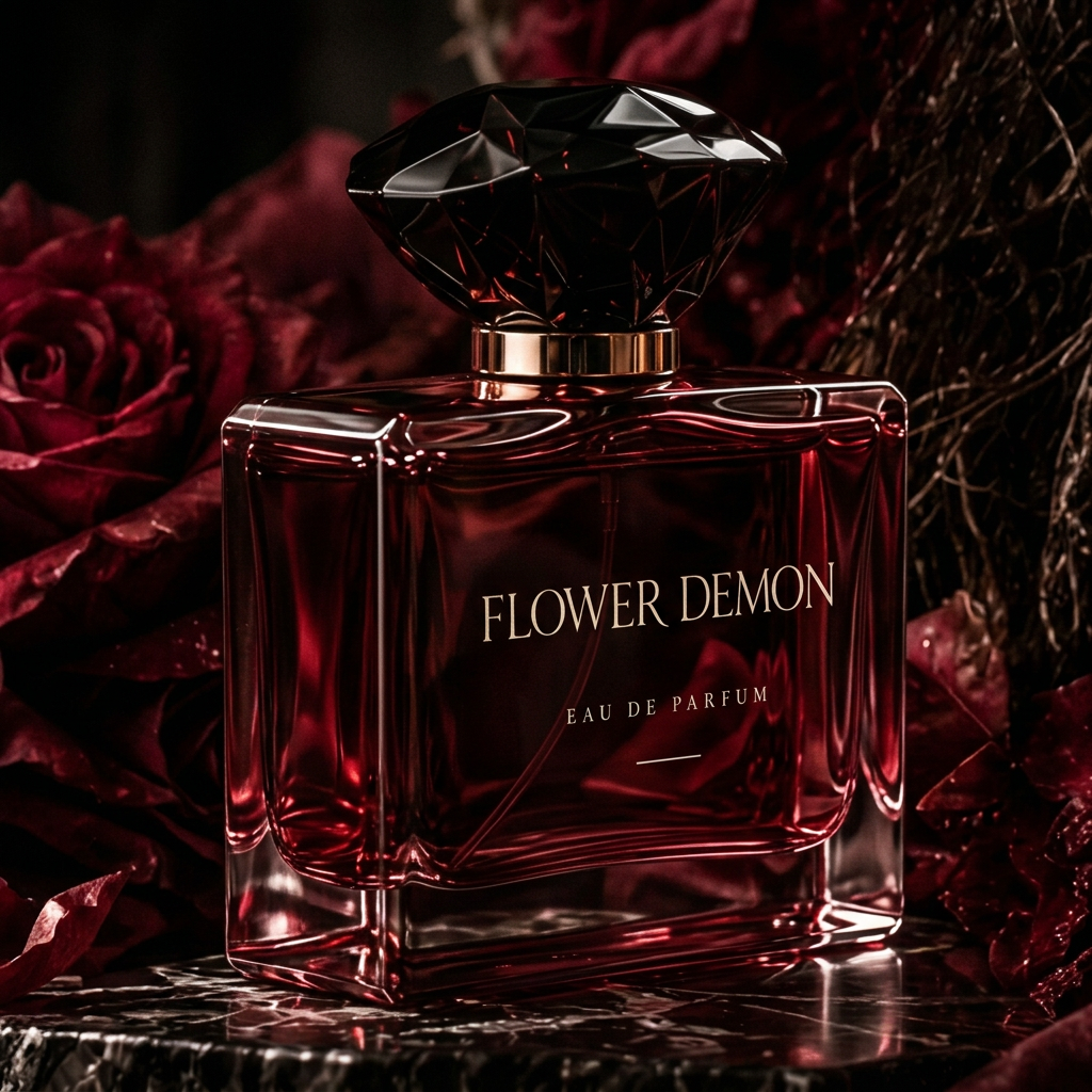 A faceted oxblood fragrance bottle on dark marble