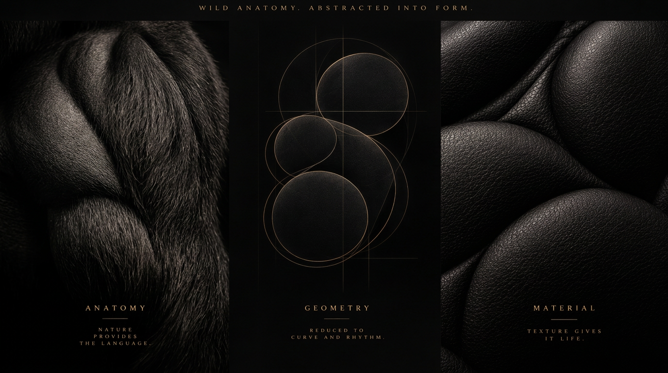 Wild anatomy abstracted into form: dark fur over sculpted muscle, its geometry reduced to gold-traced curves, and sculpted black leather — Anatomy, Geometry, Material